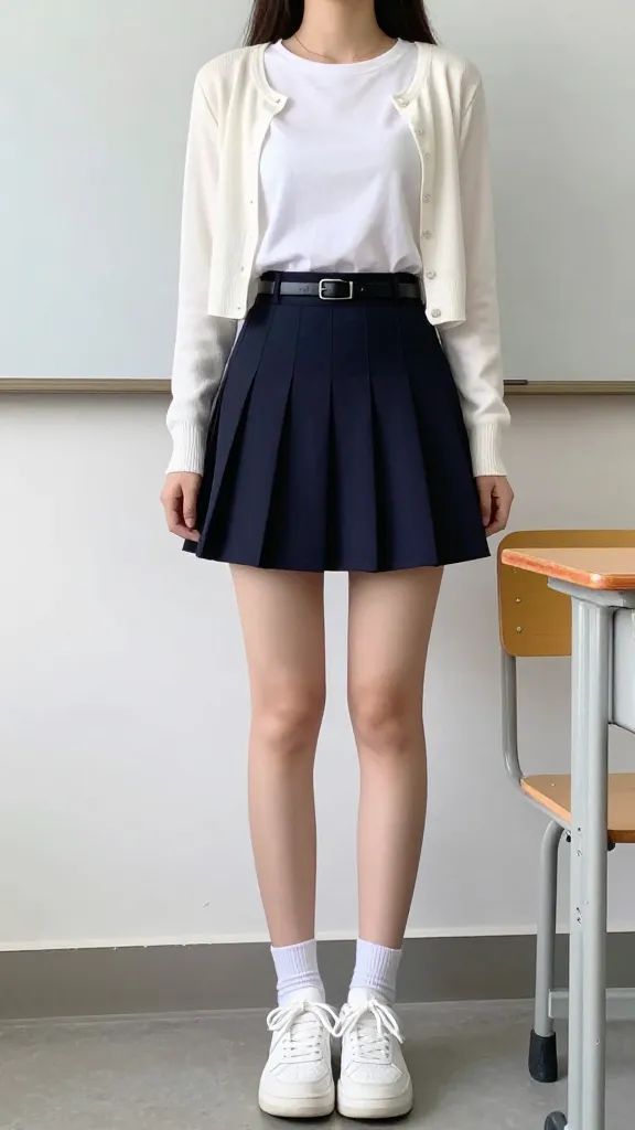 A classroom whiteboard scene showing a student in a skater skirt with a tucked-in T-shirt, a cropped cardigan, white sneakers, and a slim belt, standing near a chair and desk.