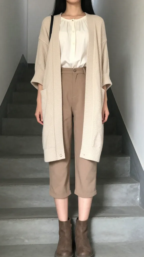 A stairwell portrait of a student in capri pants with a sleeved blouse and a scarf-style cardigan, ankle boots, and a simple necklace, soft natural light casting shadows.