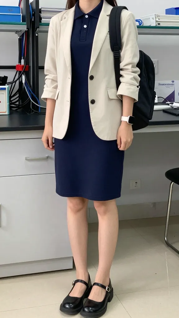A tech lab setting with a student wearing a knee-length polo dress under a lightweight blazer, closed-toe Mary Jane shoes, a smartwatch, and a compact backpack, organized cables in the background.