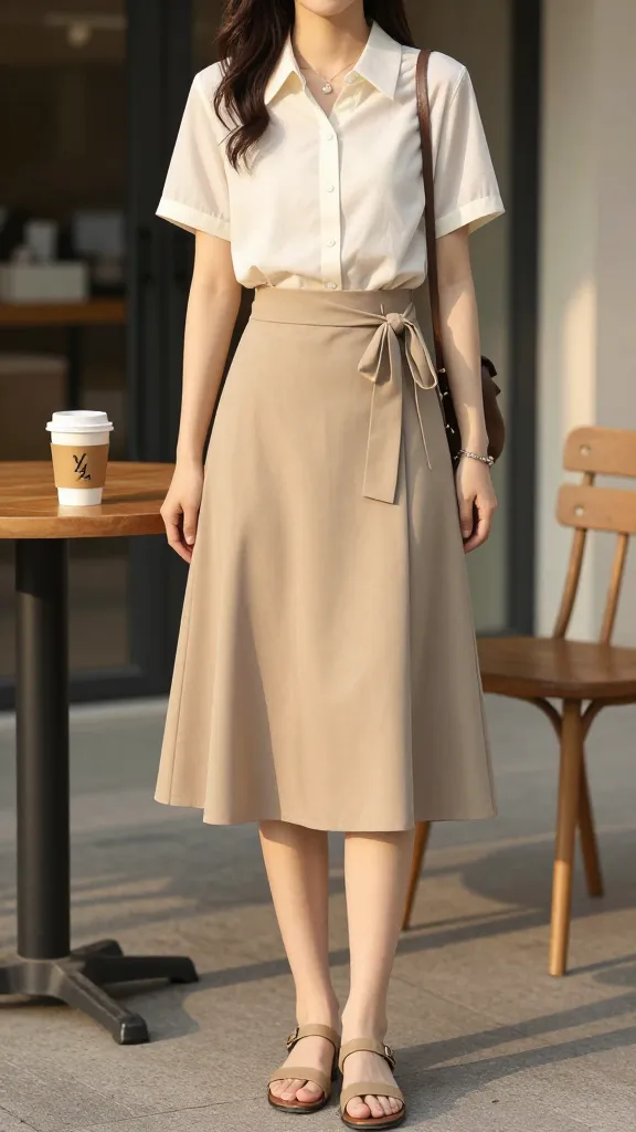 An outdoor study area at golden hour with a student in a midi wrap skirt, a short-sleeve button-down, a cardigan tied around the waist, closed-toe sandals, and a reusable coffee cup on a wooden table.