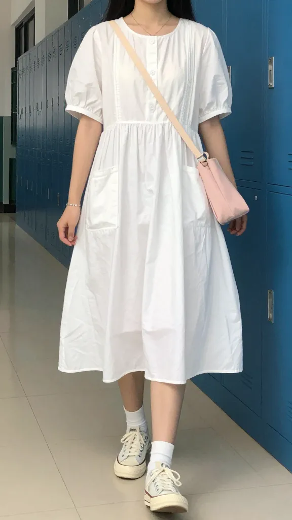 A high school hallway scene in summer: a student wearing a loose white cotton dress with built-in pockets, pair of comfortable sneakers, subtle jewelry, and a pastel crossbody bag; the dress sways as they walk, bright lockers in the background, natural daylight.