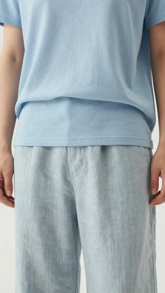 Close-up of a breathable outfit detail montage: light cotton tee in sky blue paired with wide-leg linen trousers, focus on breathable fabric texture, soft shadows, hands adjusting the trousers, no faces shown.