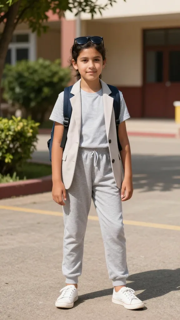 Outdoor school courtyard on a sunny day: student wearing a breathable jumpsuit that looks like pajamas but styled for school, light blazer draped over shoulders, sunglasses perched on head, small backpack, greenery and shadows.