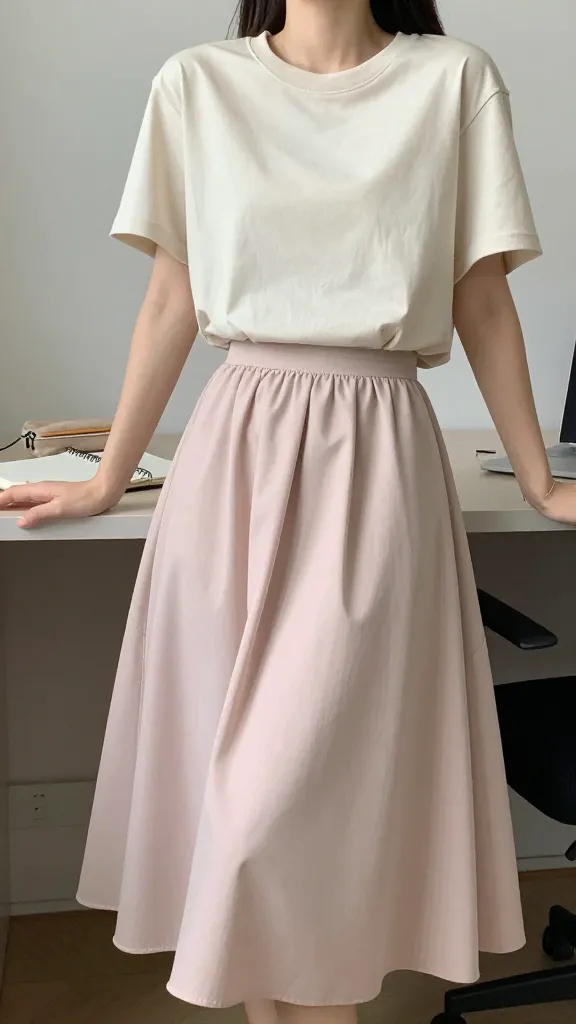 Desk-side fashion moment: student in a loose cotton T-shirt tucked into flowy midi skirt, light color palette (beige, ivory, soft pink), airy fabric movement, notebook and pencil case on desk, cool indoor lighting.