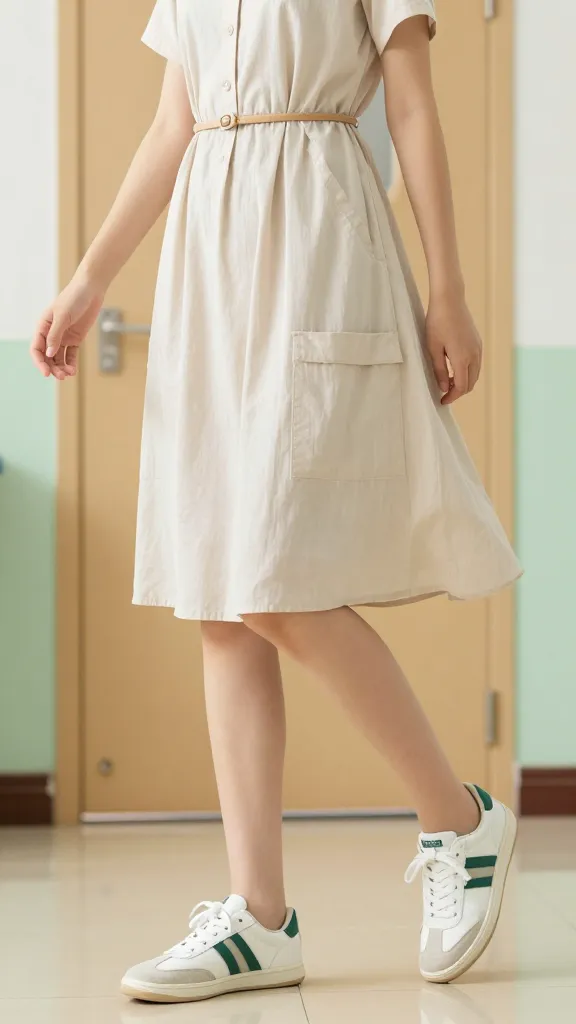 Active class transition: student wearing a lightweight rayon dress with pockets, sneakers, and a thin belt; mid-step motion with a breeze lifting the dress edge; classroom door in background.