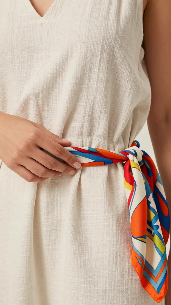 Summer chic outfit detail: close-up of fabric textures—cotton, linen, and a lightweight blend; color palette showing light colors with one bold print scarf or belt; hands brushing the fabric to show airflow.