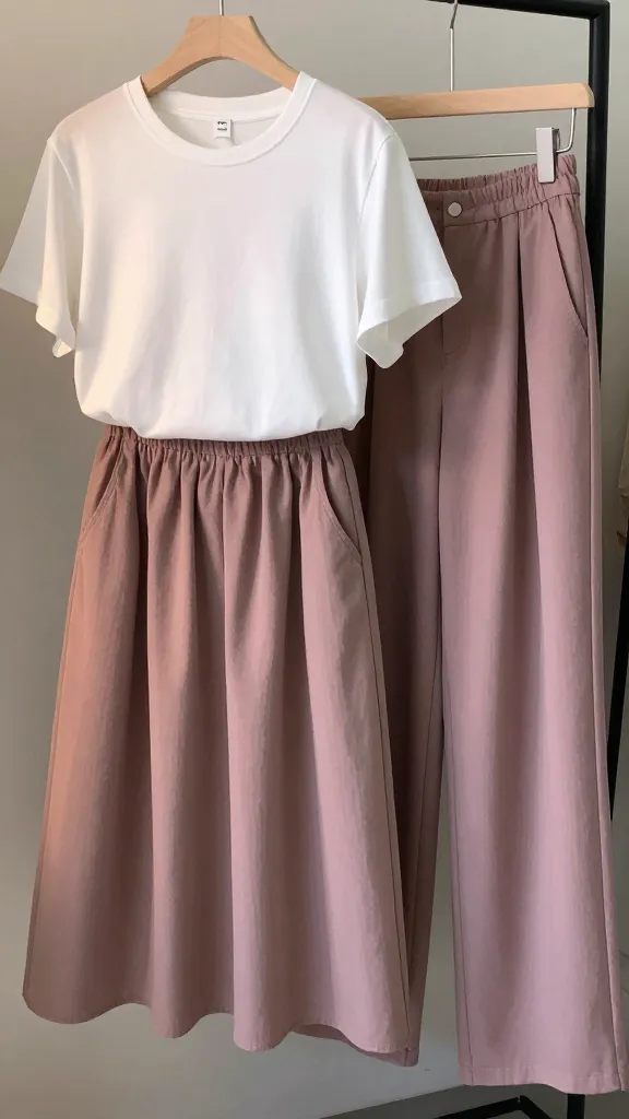 Skirt and shorts combo look: student wearing a knee-length loose skirt paired with a breathable cotton tee and wide-leg trousers option on a rack, chromatic lighting to emphasize fabric drape and movement.