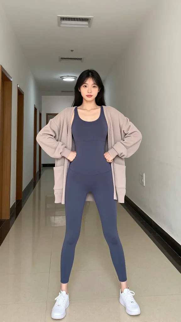 School gym-corridor cool down: student in a breathable jumpsuit with a casual oversized cardigan thrown over shoulders, air conditioner vents visible, slight misty air from vents, confident posture.