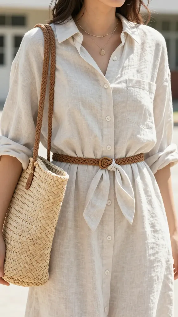 Accessorized comfort: close-up shot of outfit accents—light-colored linen shirt tied at the waist over a cotton dress, woven belt, woven tote bag, and minimal jewelry; soft sunlit background with blurred school exterior.