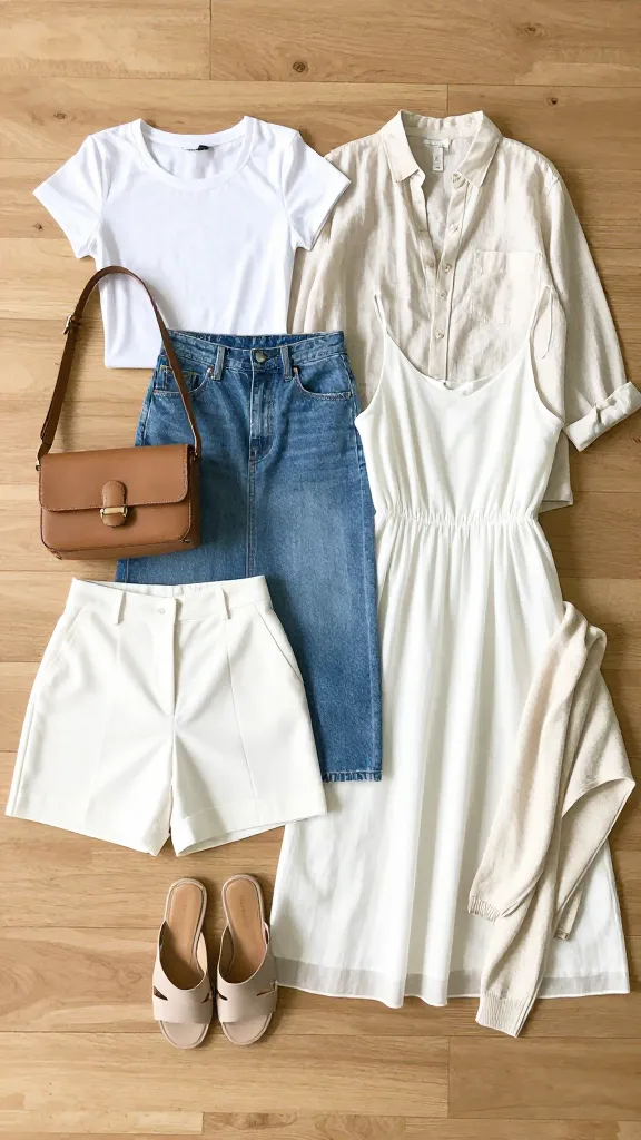 A bright, airy capsule wardrobe flat lay featuring 8 versatile summer pieces: a white tee, a lightweight linen shirt, a midi denim skirt, a pair of tailored white shorts, a breezy sundress, a portable crossbody bag, a neutral sandals pair, and a lightweight cardigan, with soft natural lighting on a wooden floor.