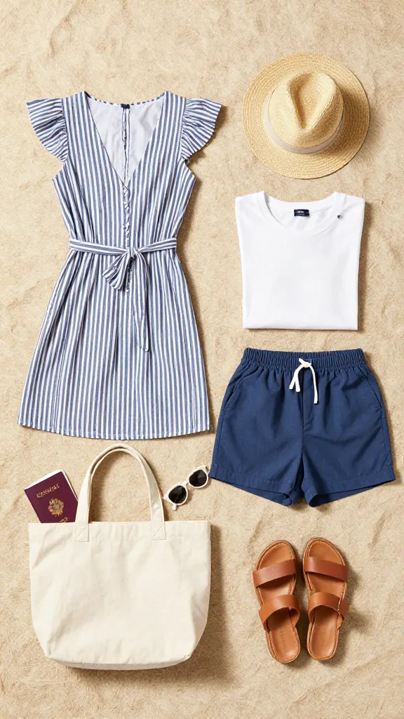 A stylish travel scene: a compact packing set laid out with five core items (dress, shorts, tee, cardigan, sandals) alongside travel-friendly accessories (hat, sunglasses, small tote) and a passport peeking out, on a sandy-toned blanket.