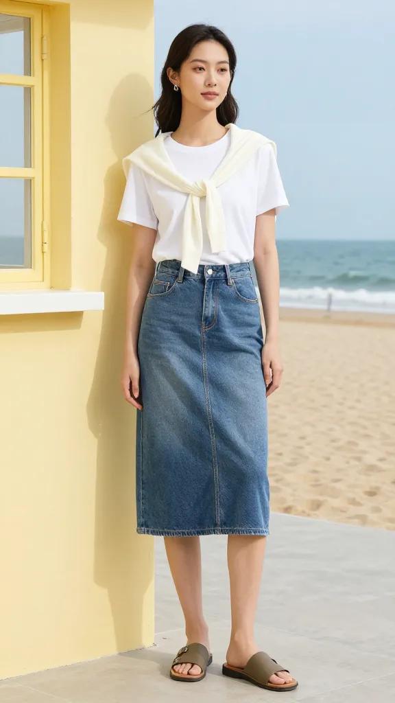 A beach-to-city transition look: a model wearing a white tee, midi denim skirt, and slide sandals with a lightweight cardigan tied around the shoulders, photographed against a sunscreen-yellow building and ocean backdrop.