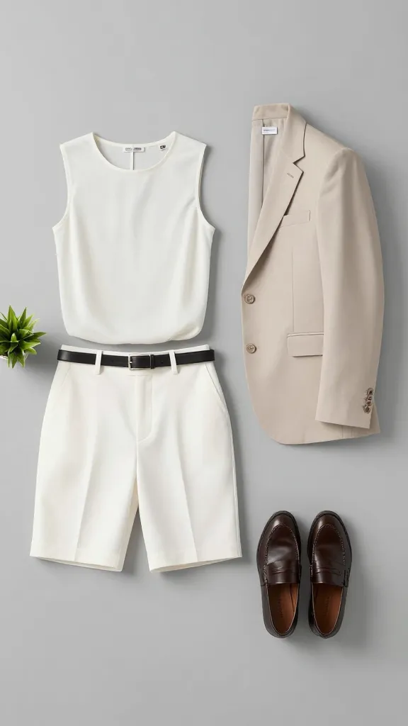 An urban summer office-ready outfit: tailored white shorts, a crisp sleeveless blouse, a lightweight blazer, loafers, and a slim belt, arranged on a minimalist gray backdrop with a subtle desk plant.