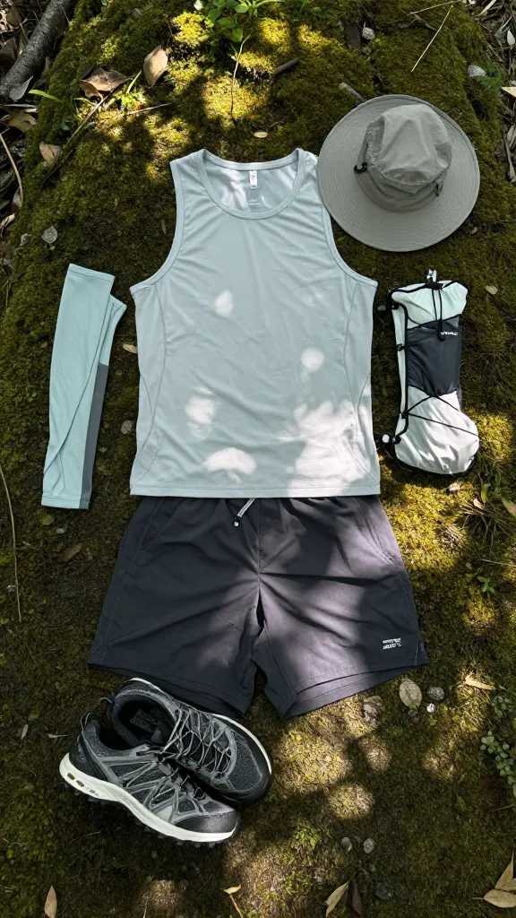 A quiet hike-ready capsule: breathable performance shorts, a moisture-wick tank, a breathable long-sleeve layer, trail sneakers, a small hydration pack, and a sun hat, staged on a mossy trail background with dappled sunlight.