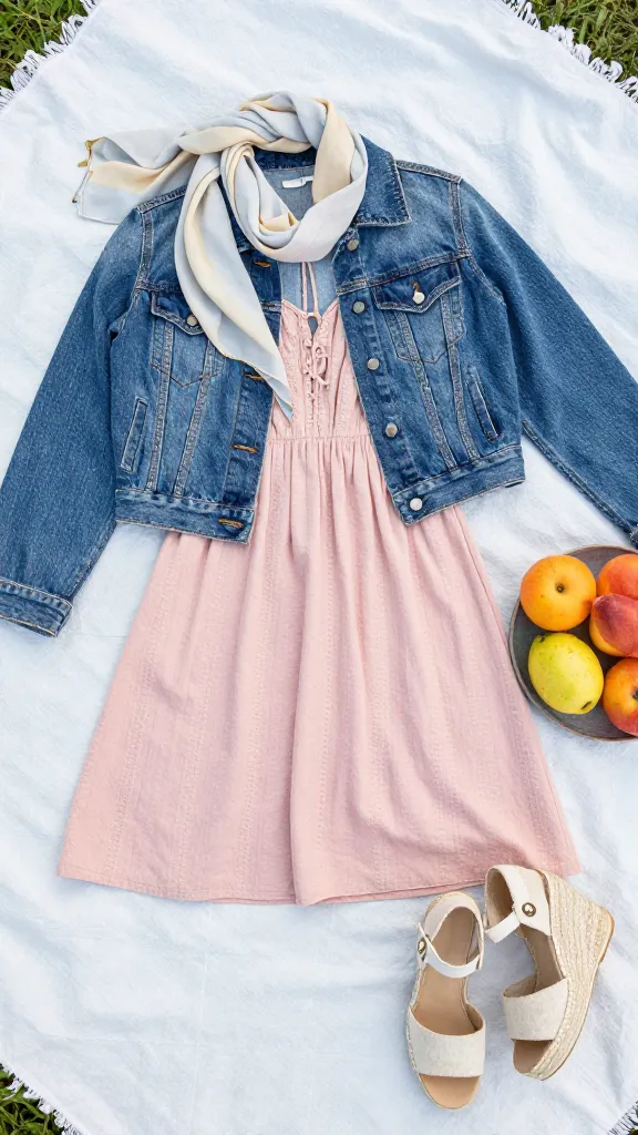 A playful summer layering scene: a sundress with a cropped denim jacket draped over, a light scarf, and a pair of espadrille wedges, arranged on a pastel picnic blanket with fresh fruit.
