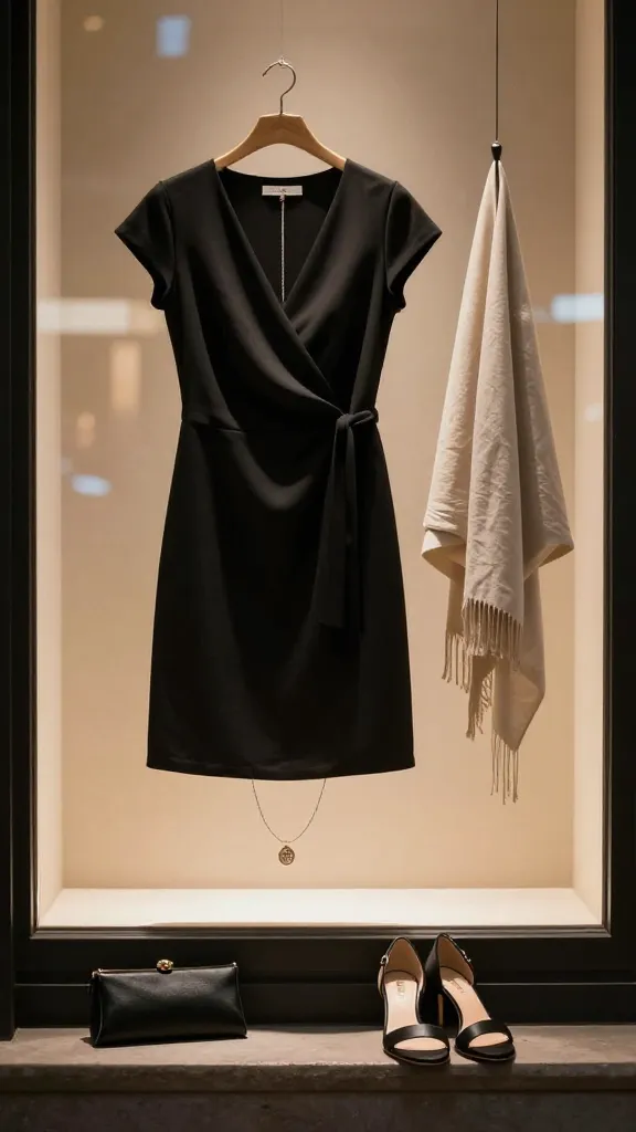 A night-out capsule: a little black dress alternative, a wrap-front top, a pair of sleek sandals, delicate jewelry, a clutch, and a lightweight shawl, photographed against a chic dimly-lit storefront window.