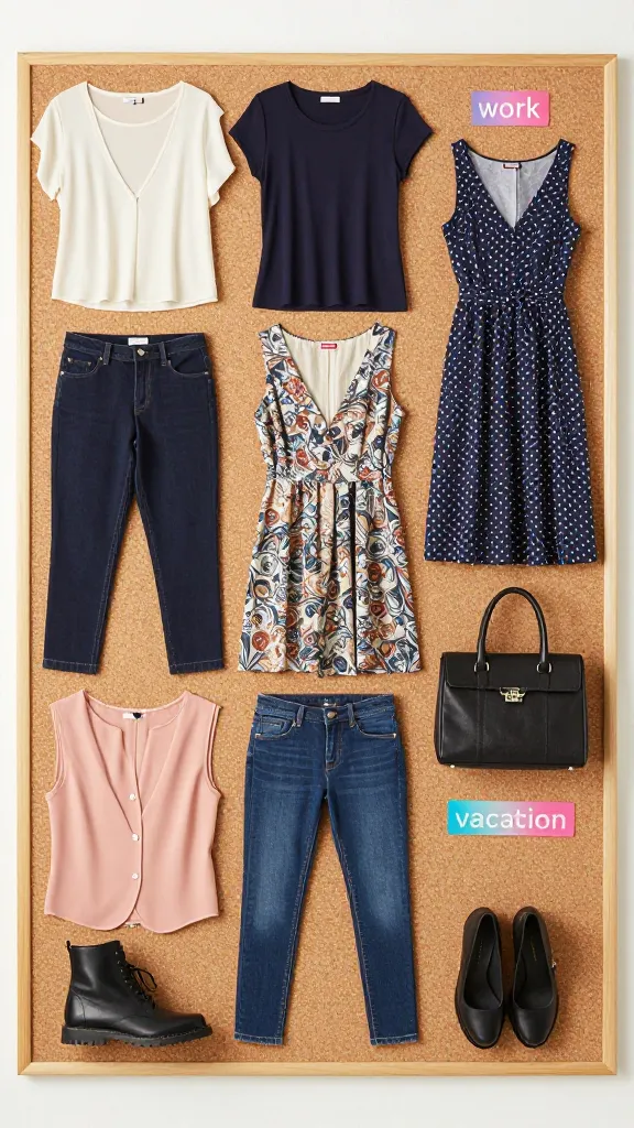 A reusable capsule wardrobe packing list pinned to a corkboard: ten items including tops, bottoms, dresses, outerwear, and accessories, with color-coded tags for “work,” “play,” and “vacation,” photographed from above.