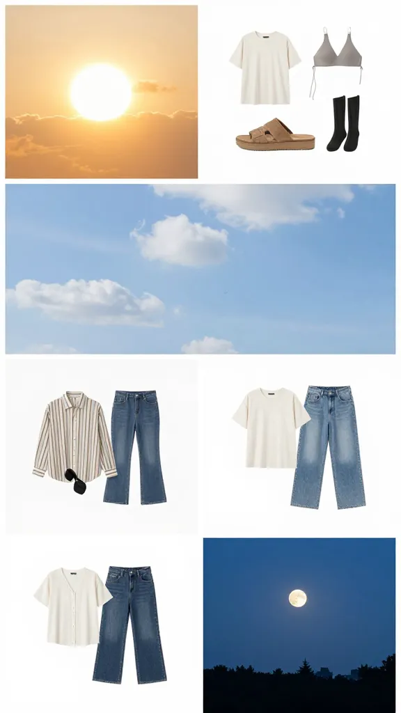 A lifestyle collage showing different climate scenarios: image panels of hot sun, mild breeze, and cool evenings, each with a suggested 2-3 piece capsule subset on a clean background.