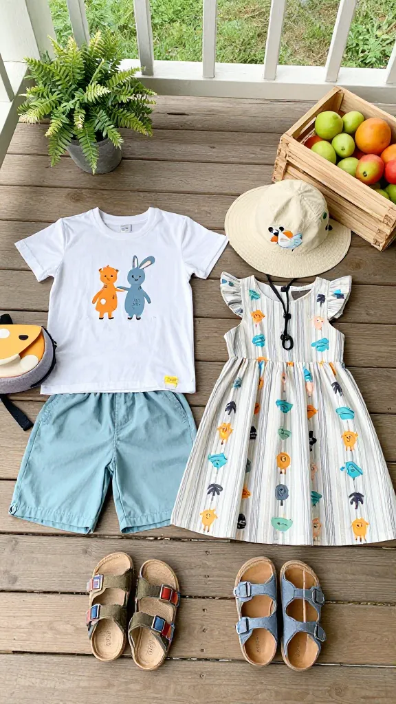 A cheerful family-friendly summer capsule: a mix of child-friendly tees, a practical sunhat, lightweight shorts, a breathable dress, sandals, and a small backpack, arranged on a wooden porch with a plant and a crate of summer fruit.
