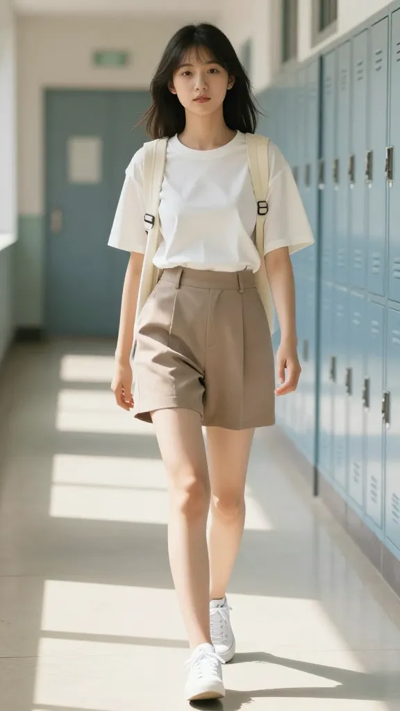 A sunny school hallway scene featuring a teen student wearing a loose-knit cotton tee, high-rise tailored shorts, white sneakers, and a light cardigan draped over shoulders; hallway lockers, natural morning light, and a confident stride, no text.