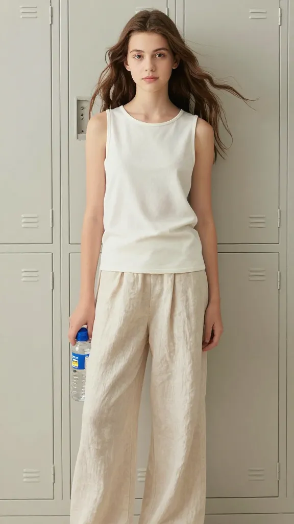 Teen student wearing a sleeveless top with a modest neckline and wide-leg linen pants, standing in front of lockers with a water bottle and sunscreen, soft breeze effect in the hair, no text.