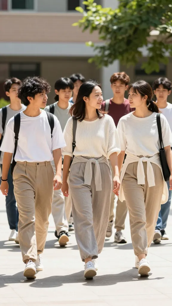 Group of diverse students walking through a school courtyard on a hot day; outfits include linen blend trousers, loose-knit tees, and light cardigans tied at the waist; bright sunlight, shadows of trees, no text.