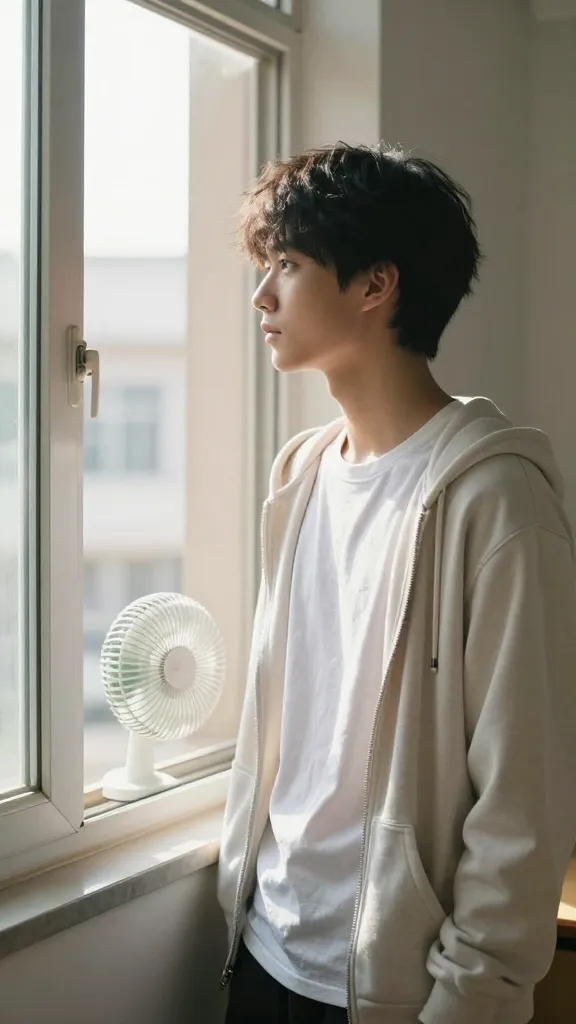 Side-angle portrait of a student in a breathable fabric tee and a lightweight zip-up hoodie, standing by a classroom door with a small desk fan on the sill, sun glare outside, no text.