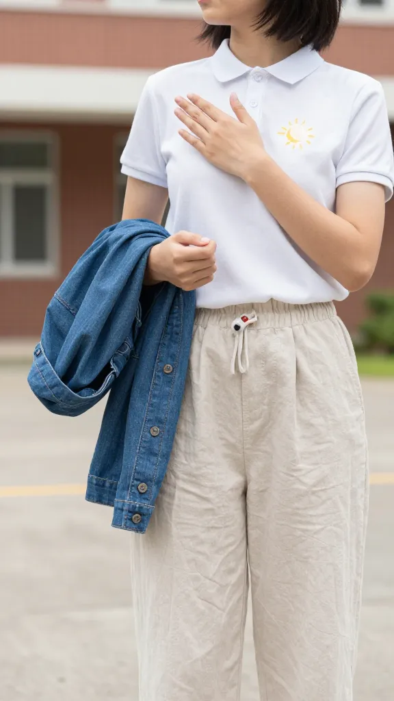 Over-the-shoulder shot of a student applying sunscreen, wearing a breathable polo and wide-leg linen pants, a denim jacket folded over the arm, school building with brick facade in the background, no text.