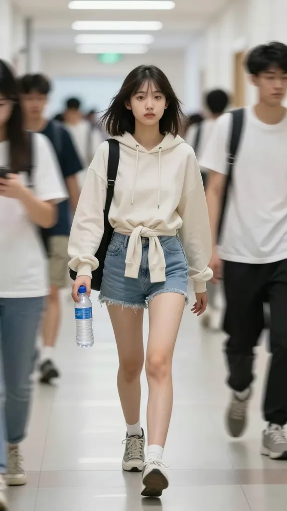 Action shot of a student walking the hallway with a water bottle, wearing a lightweight hoodie (tied around the waist), high-rise shorts, and sneakers; motion blur of passing classmates, bright hallway lights, no text.