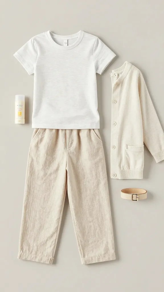 Flat lay of school-ready summer outfit components: breathable tee, linen blend pants, a thin sunscreen stick, a lightweight cardigan, and a slim belt; neutral background, no text.