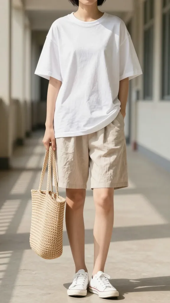 A bright, sunlit college hallway with a student wearing a loose, oversized white cotton tee tucked into lightweight linen shorts, white sneakers, and a straw tote bag; the look is airy and breathable, with natural textures visible and no text on the image.