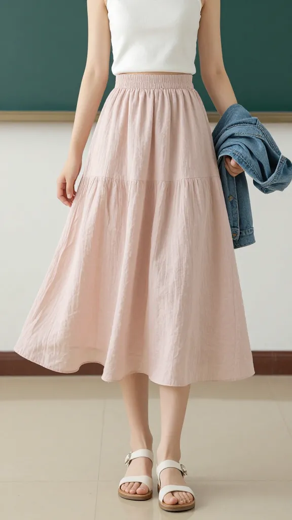 A classroom scene showing a student in a flowy midi skirt in a soft pastel linen blend, paired with a breathable cropped camisole, open-toe sandals, and a lightweight denim jacket carried over the arm; the outfit emphasizes airflow and comfortable silhouettes.