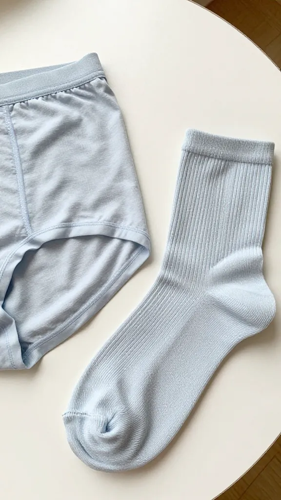 Close-up shot of moisture-wicking underwear and socks laid neatly next to a soft-color athletic breathable fabric swatch, on a clean desk to illustrate fabric choices without showing any branding.