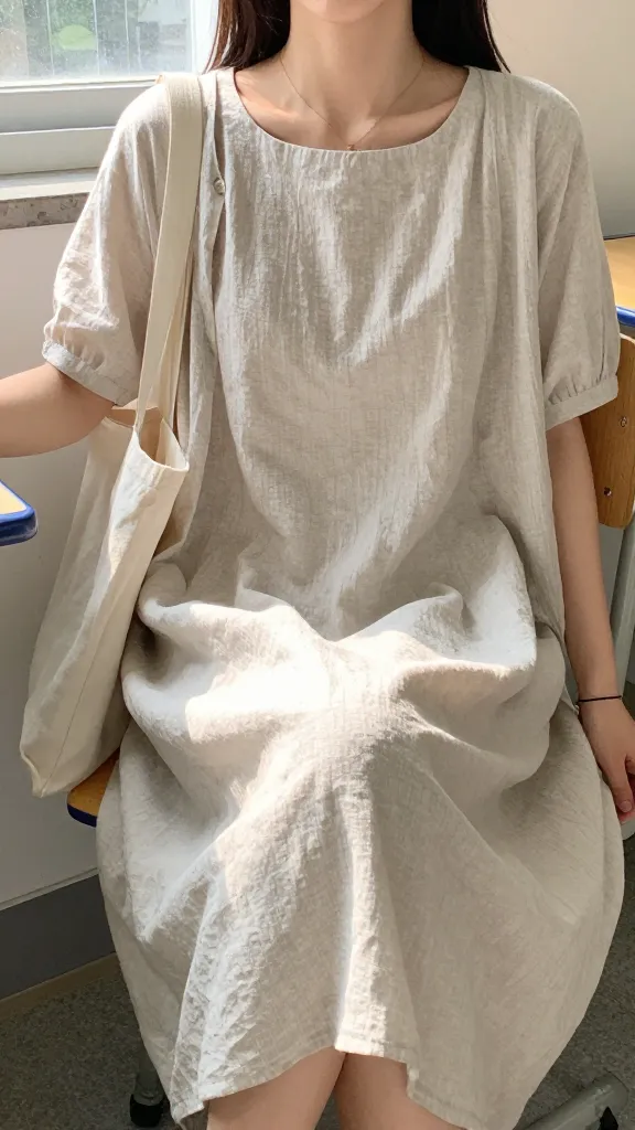 A student sitting at a desk wearing a breathable cotton-linen blend dress with a loose silhouette, paired with a thin cardigan draped over shoulders, and a minimal tote bag; sunlight streaming through a window highlights the fabric’s drape and texture.