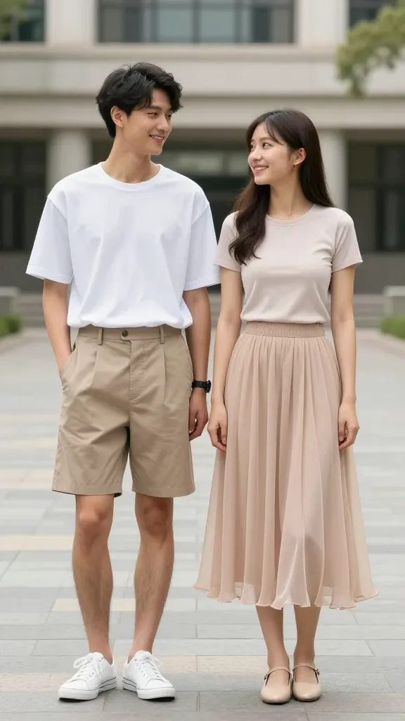A campus quad scene featuring two students in breathable outfits: one in a loose cotton tee with high-waisted shorts, the other in a flowy chiffon-esque skirt with a moisture-wicking undershirt, both smiling and relaxed, no text.