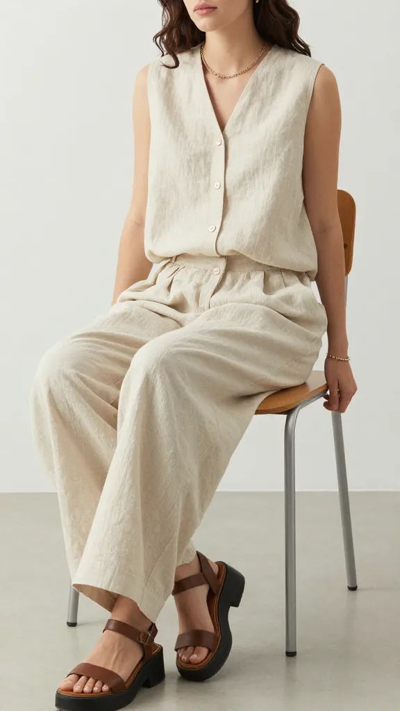 A fashion-forward classroom look with a sleeveless linen blouse, wide-leg breathable trousers, platform sandals, and subtle jewelry; the image emphasizes movement and airflow as the person sits and adjusts in their chair.