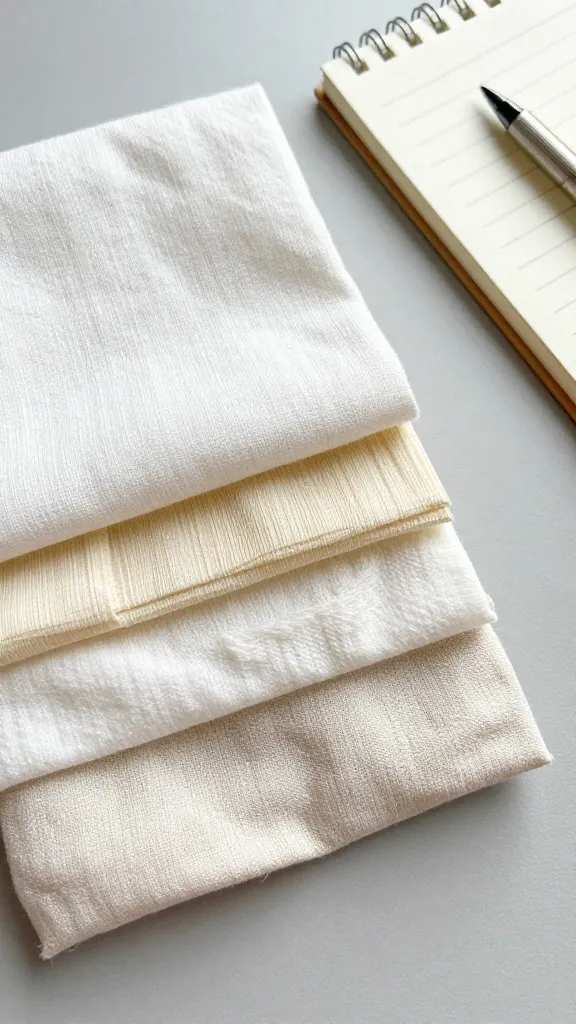 A close-up of a breathable fabric stack: cotton, linen, bamboo, and a lightweight blend swatches held against a neutral background, with a notebook and pen for scale, no words or logos.