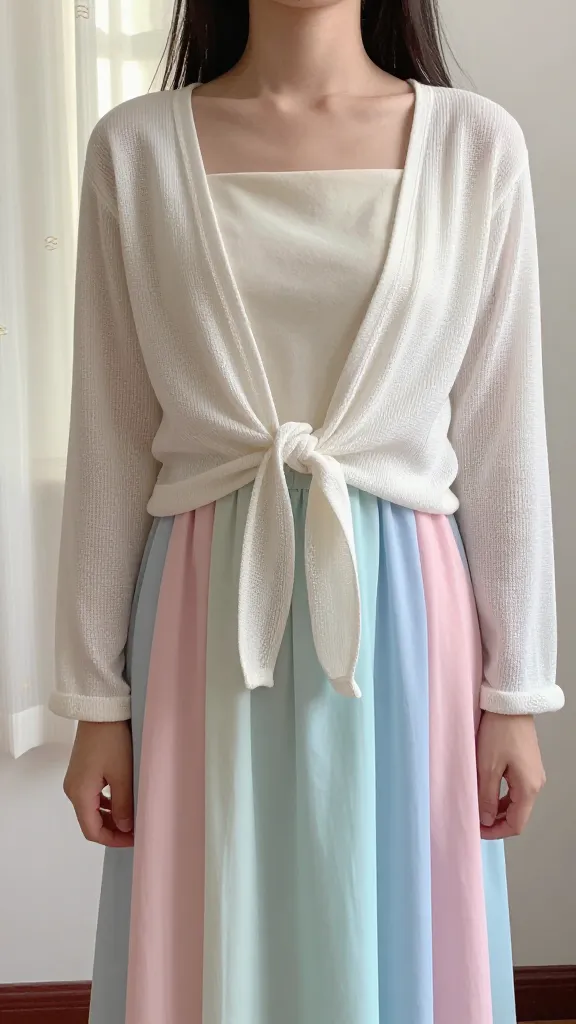 A student wearing a breathable, color-smart outfit: a light-colored top with a contrasting pastel skirt, pairing with a breathable cardigan tied around the waist and sunlit curtains in the background; the scene emphasizes color coordination that stays cool.