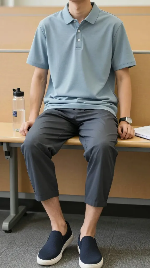 A study lounge scene showing a person in a loose polo or tee with moisture-wicking fabric, paired with capri-length breathable pants and slip-on shoes, a water bottle and notebook nearby to imply practicality during lectures.