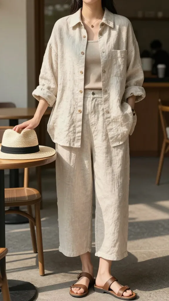 An outdoor campus café corner in heat: a student wearing a breathable, oversized linen button-down worn as a lightweight layer over a simple tank, paired with culottes and sandals, a wide-brim hat resting on the table, with a glow of afternoon sun and no text.
