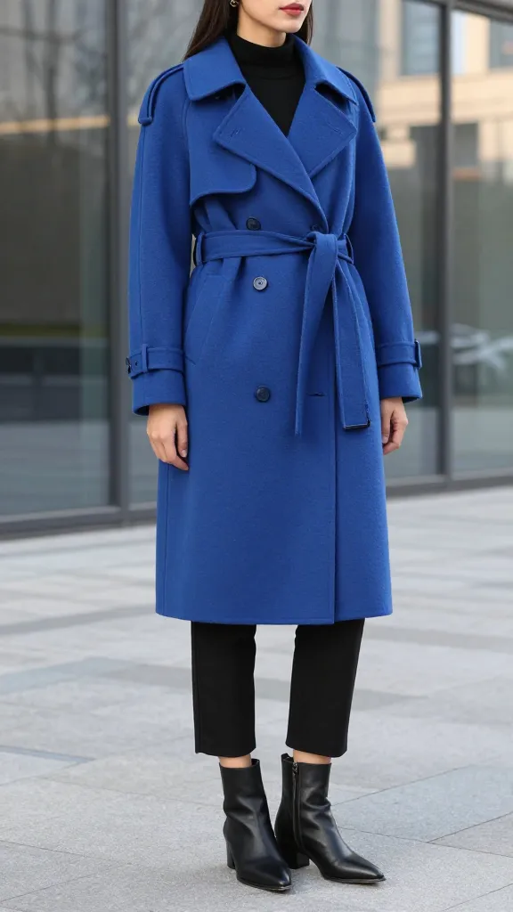 A female model wearing a saturated royal blue oversized wool trench coat, belted at the waist, paired with minimal black cropped pants and pointed-toe black boots, standing in a modern glass-and-concrete urban setting with soft afternoon light.