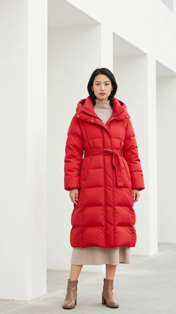 A woman in a bright cherry-red oversized puffer coat, cinched at the waist with a chunky belt, paired with neutral midi dress and ankle boots, posed against a stark white architectural backdrop.