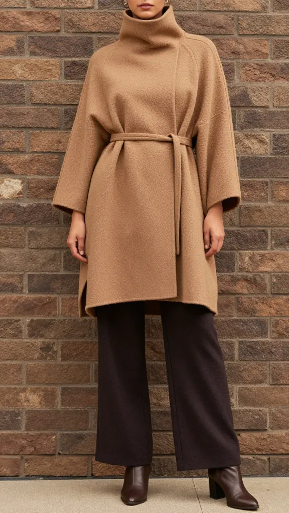 A woman wearing a textured camel wool cape with a high collar, cinched with a slim belt, paired with dark wide-leg trousers and heeled boots, posed against an earthy brick wall for rich warm tones.