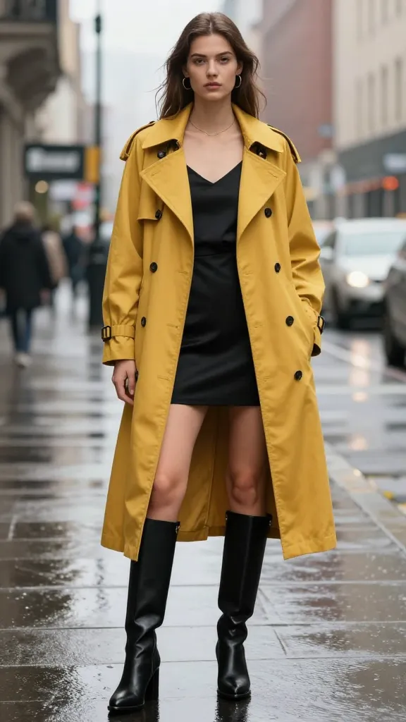 A model in a sunny mustard-yellow trench coat with dramatic lapels, paired with a black slip dress and knee-high black leather boots, standing on a rainy city street with reflections.