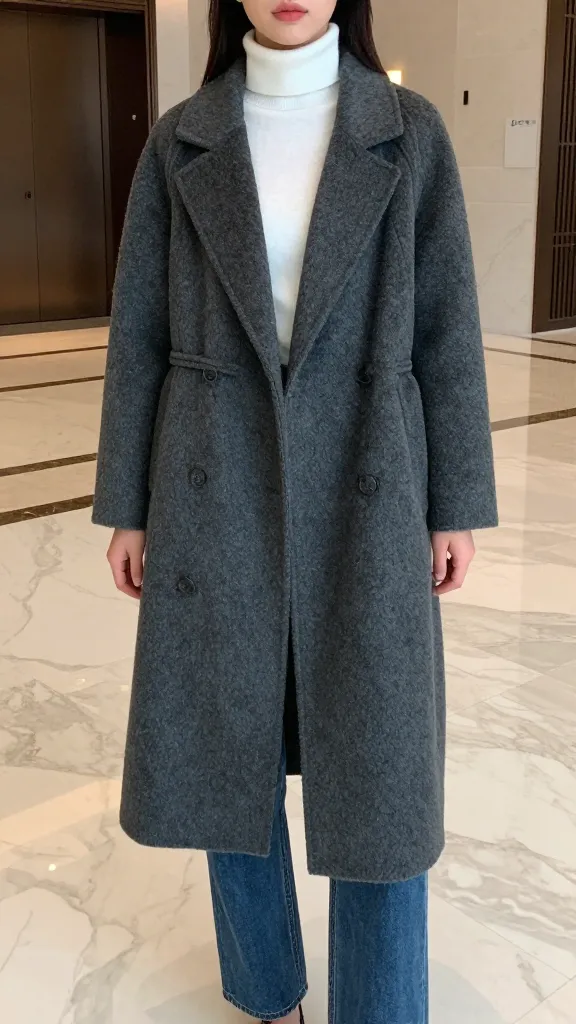 A female model wearing a charcoal oversized boucle coat with a nipped-in waist, paired with a minimal white turtleneck and straight-leg jeans, posed in a sleek hotel lobby with marble floors.