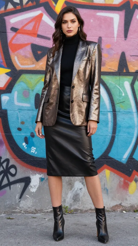 A woman in a metallic bronze metallic-trim blazer with a structured shoulder, worn over a black turtleneck and leather skirt, paired with sleek heeled boots, photographed against a bold grafitti mural.