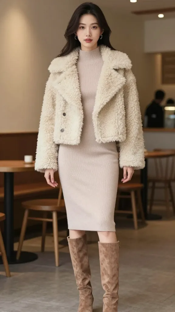 A model in a textured cream shearling coat, slightly cropped, over a soft blush knit dress and tall suede boots, posed in a cozy indoor cafe setting with warm lighting.