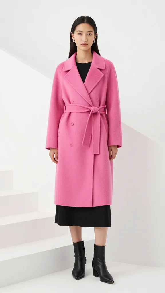A female model wearing a electric pink tailored wool coat, belted at the waist, with a simple black midi dress and pointed boots, standing on a minimalist white stairs backdrop with sharp lines.
