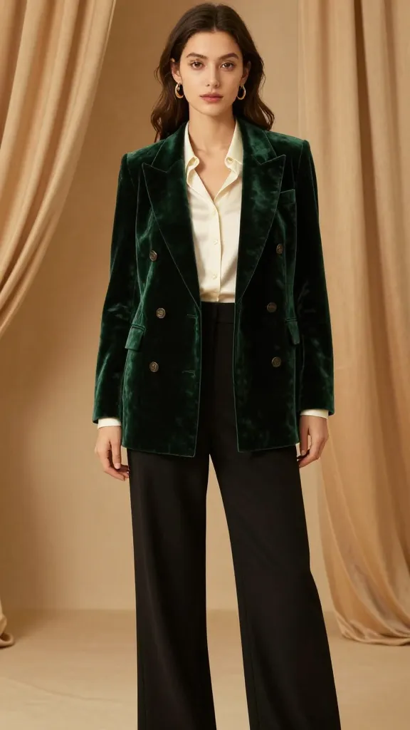 A woman in a forest-green velvet blazer, double-breasted, worn over a cream silk blouse and black wide-leg trousers, accessorized with minimal jewelry, posed in a luxurious interior with warm amber lighting and soft drapery.