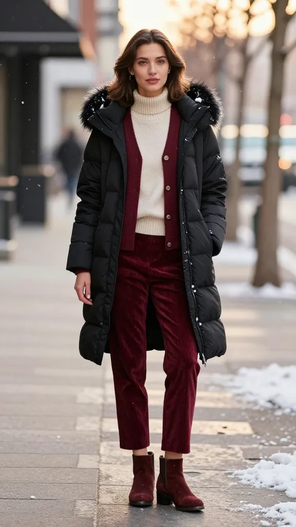 A stylish woman standing city sidewalk in winter, wearing a cream knit base layer, a rich burgundy cardigan, and a lightweight black puffer with a faux fur-trim hood; corduroy pants and ankle boots, soft snowfall, warm golden hour lighting.